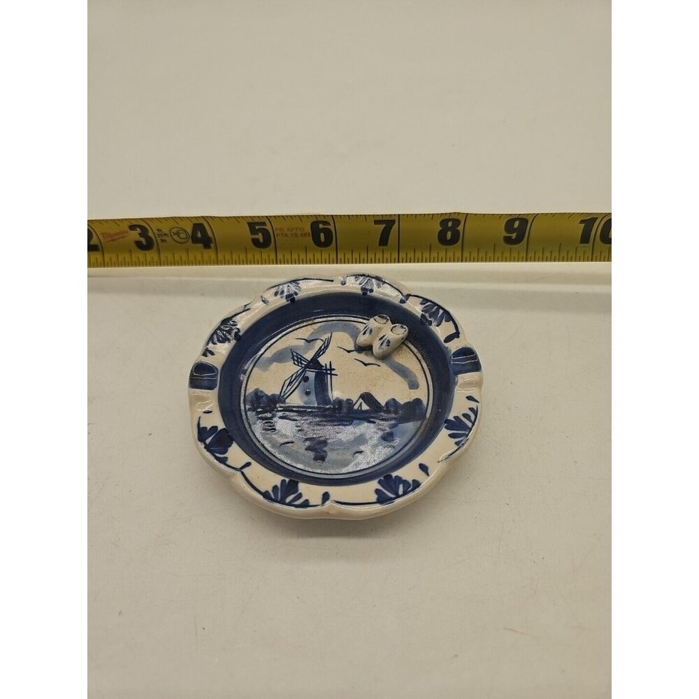 VTG Hand Painted Blue Delft‎ Windmill Porcelain Ashtray Tiny Dutch Shoes Clogs